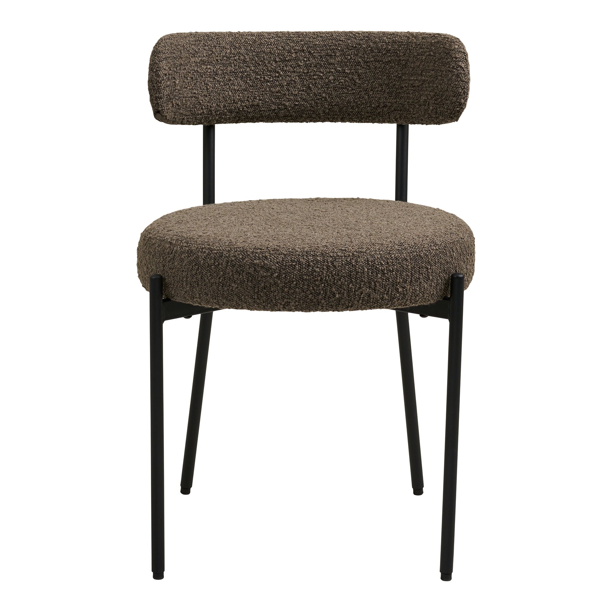Chaise Badalona bouclé marron vue de face assise circulaire rembourrée dossier incurvé pieds noirs