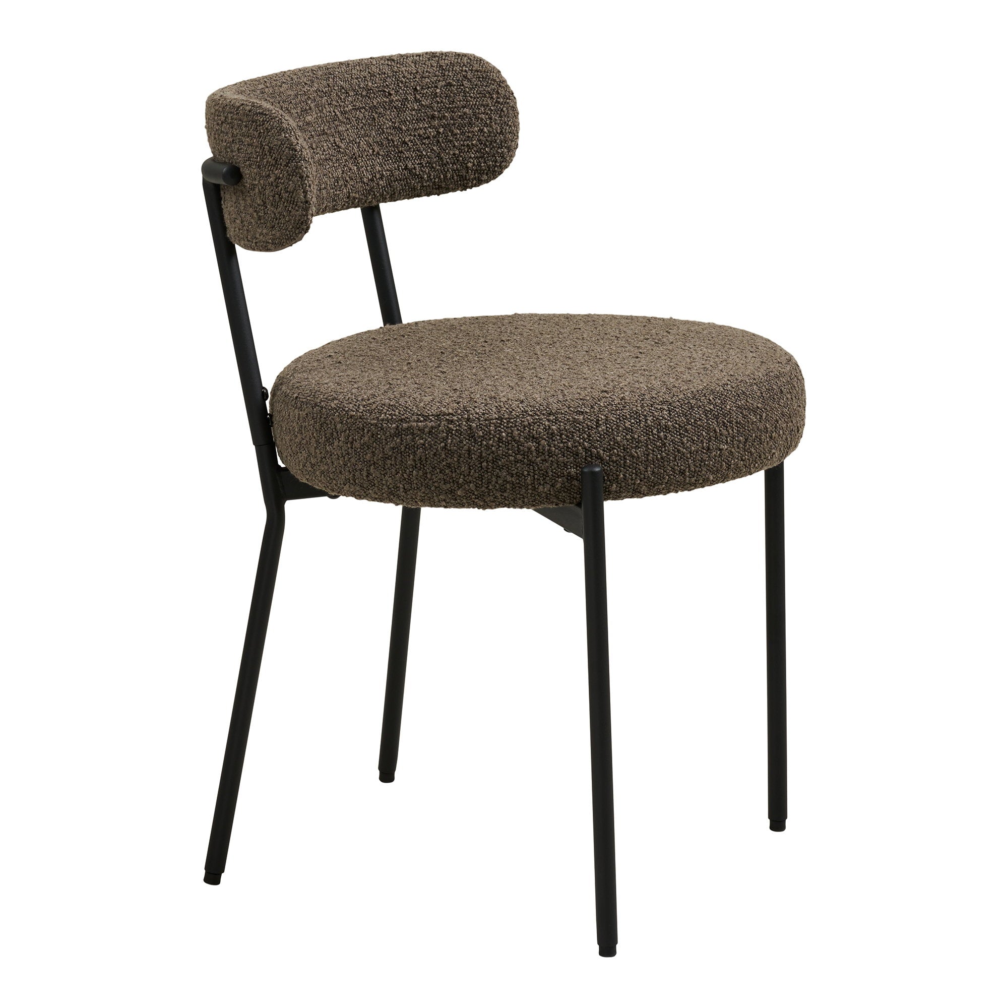 Chaise Badalona bouclé marron vue de profil dossier rouleau bas châssis tubulaire noir