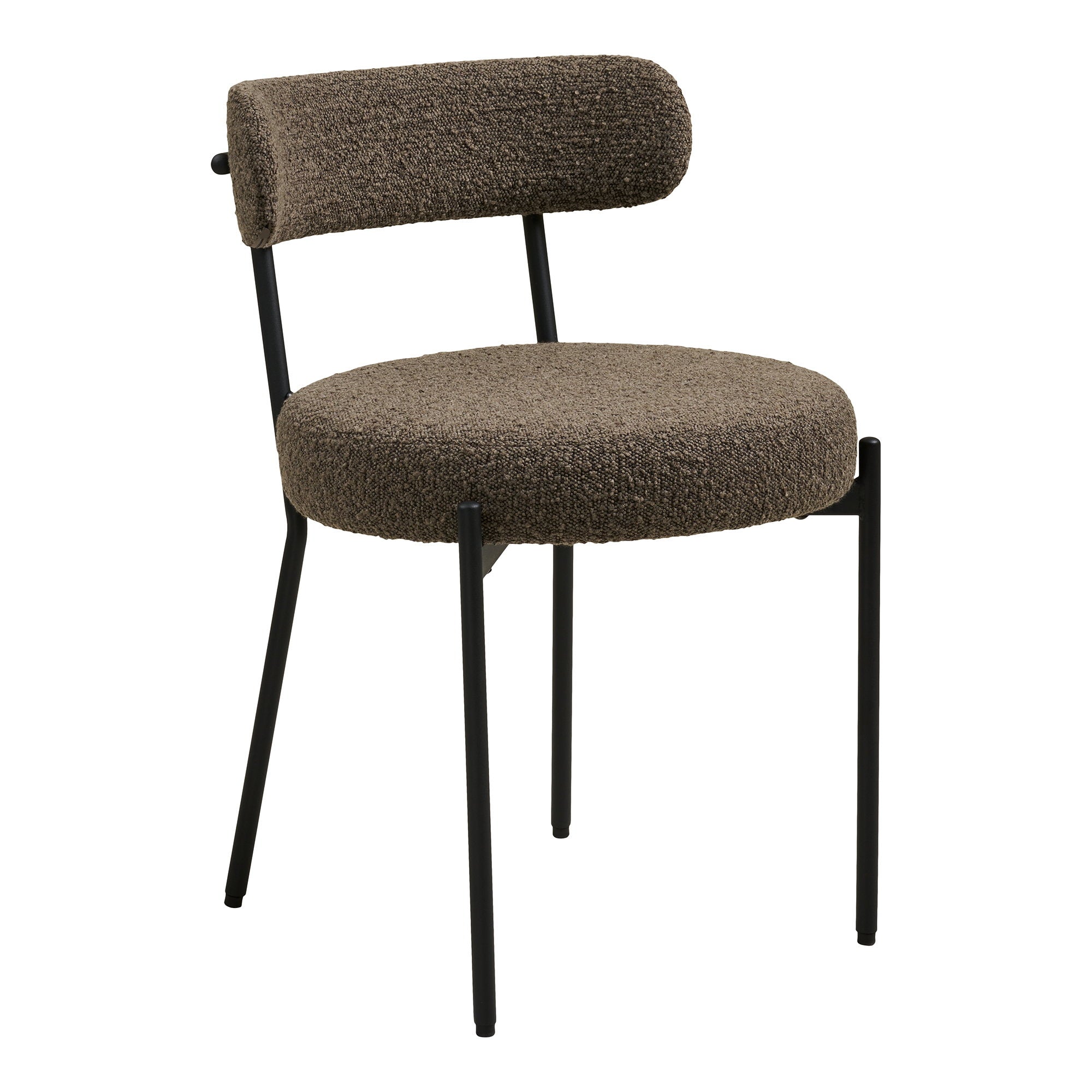Chaise de salle à manger Badalona en tissu bouclé marron assise ronde dossier rouleau pieds acier noir vue trois quarts