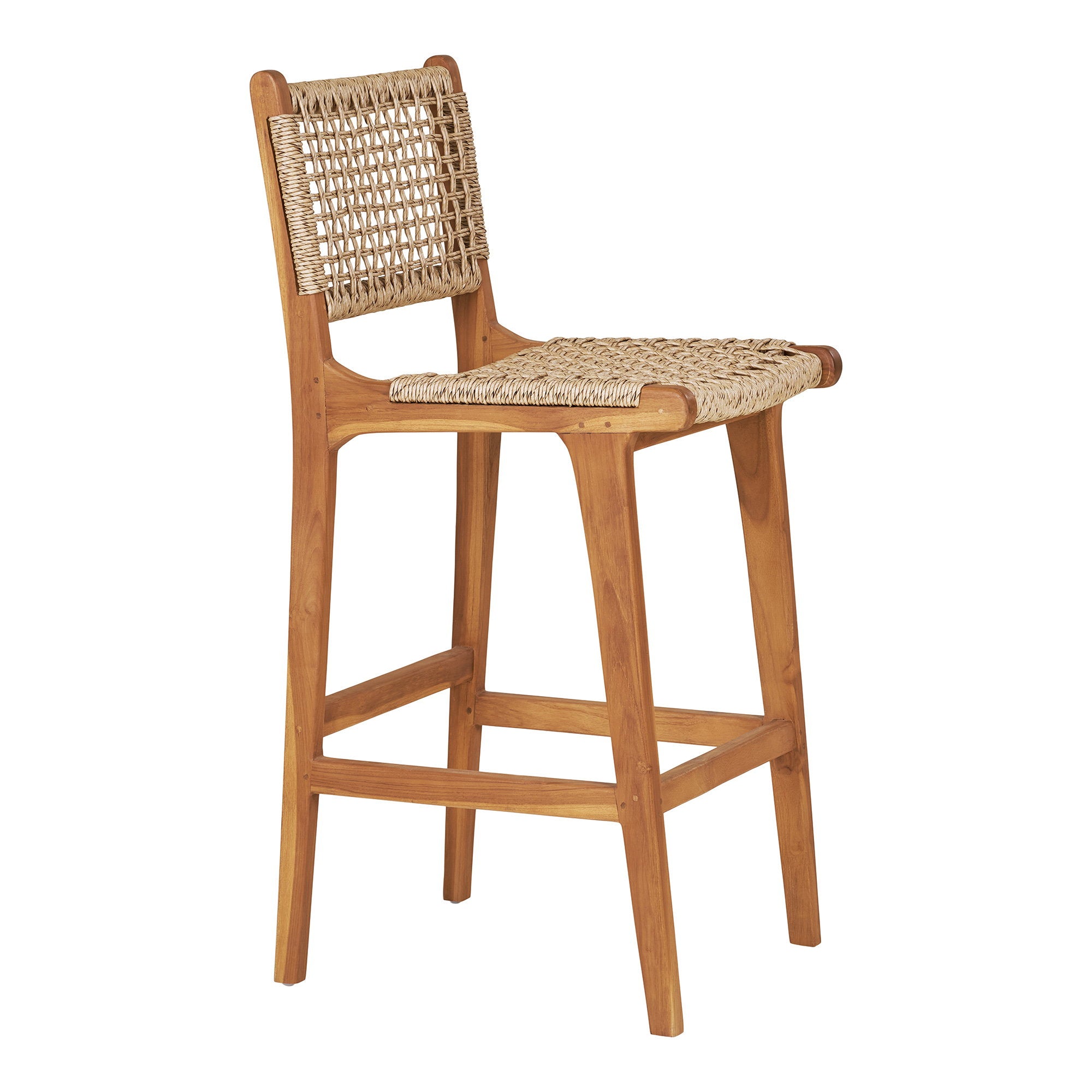 Chaise bar Derby teck vue 3/4 dos, structure teck sculptural et traverses repose-pieds