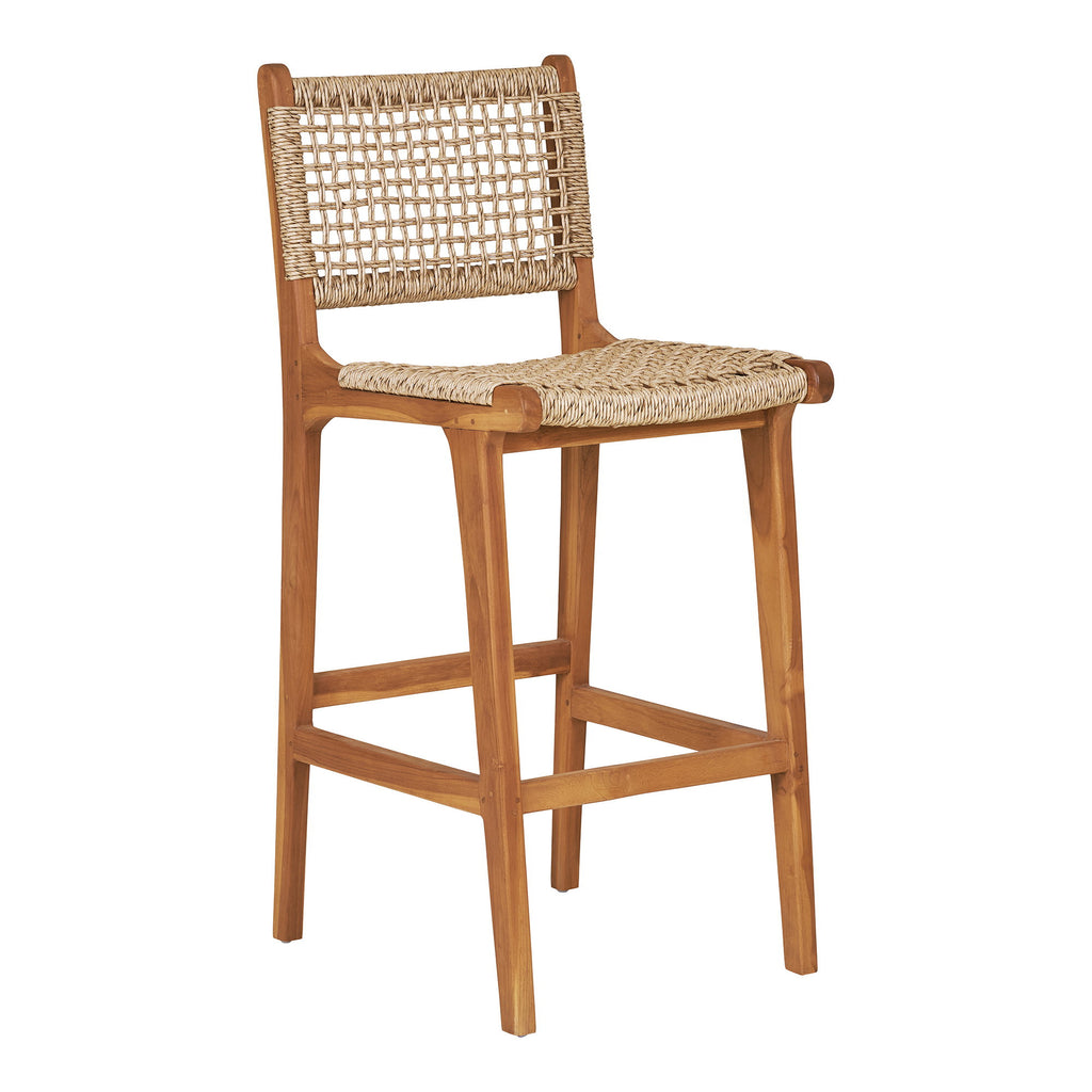 Chaise de bar Derby teck naturel et rotin tressé ajouré vue 3/4, hauteur comptoir