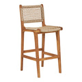 Chaise de bar Derby teck naturel et rotin tressé ajouré vue 3/4, hauteur comptoir