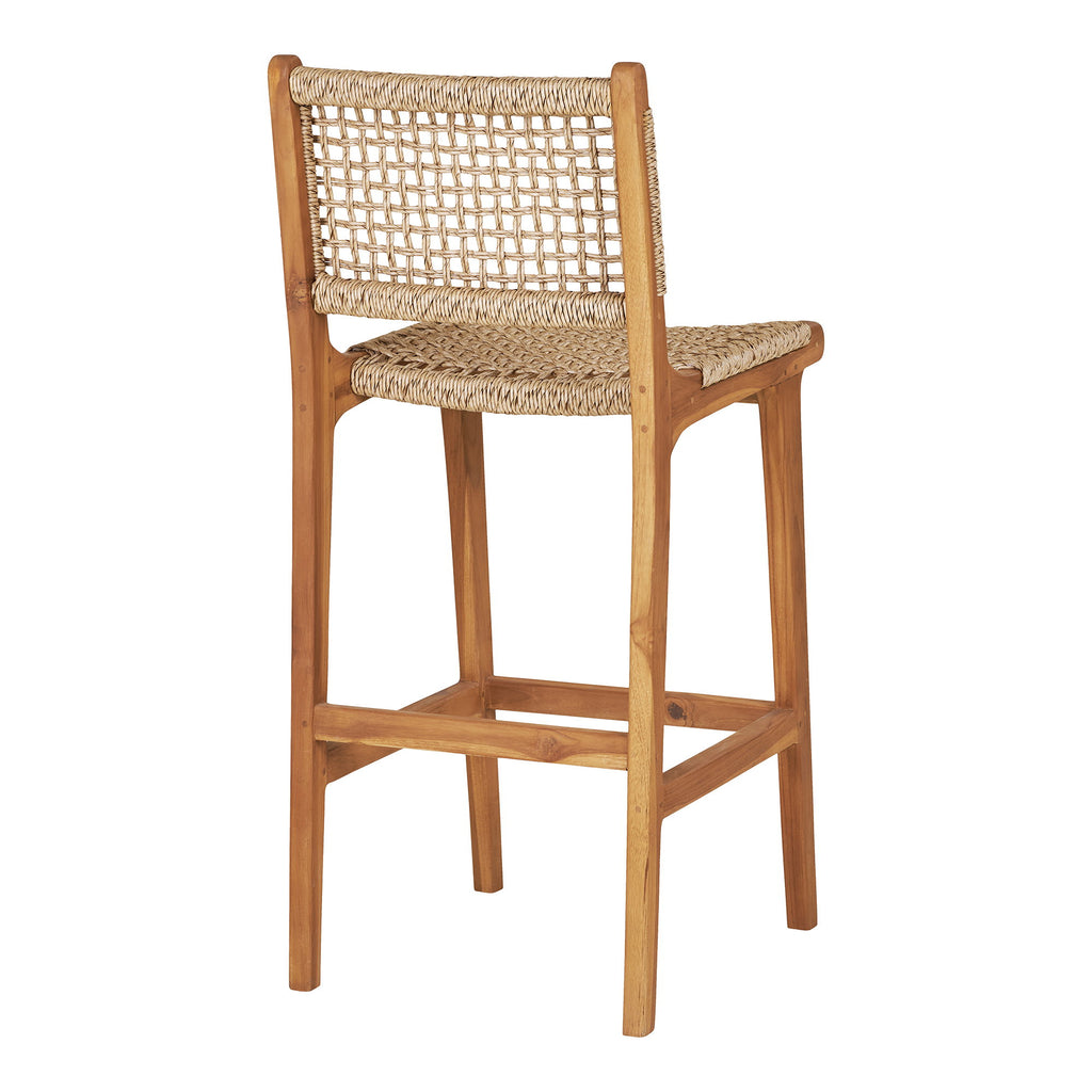 Vue dos chaise bar Derby teck rotin, tressage losanges ajouré et montants teck