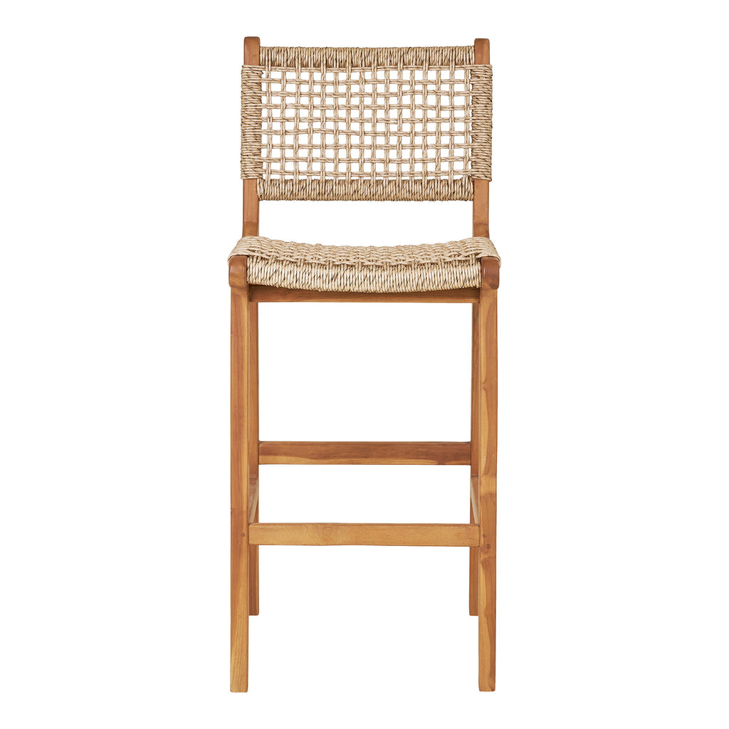 Chaise bar Derby teck rotin vue de face, dossier tressage losanges et assise tressée