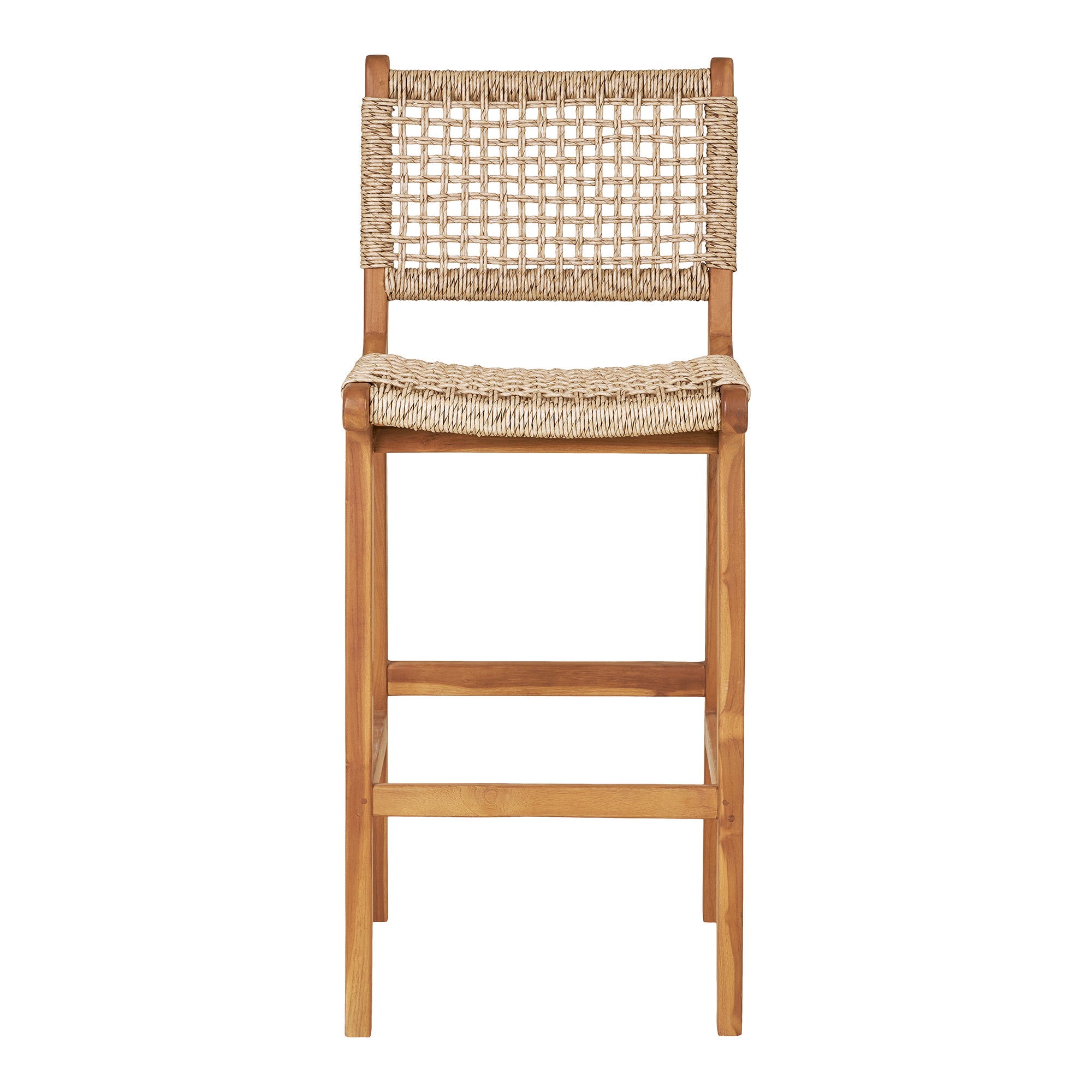 Chaise bar Derby teck rotin vue de face, dossier tressage losanges et assise tressée