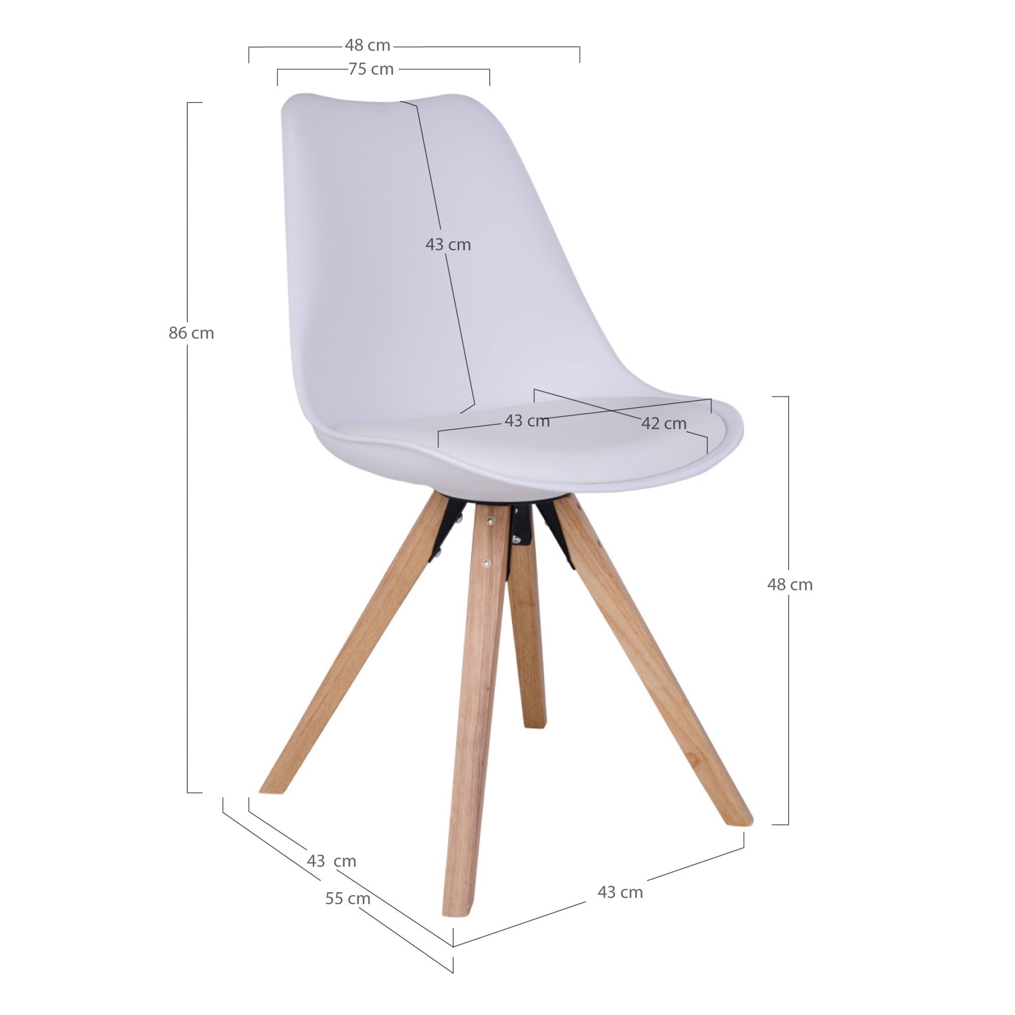 Dimensions chaise Bergen : hauteur 86 cm, largeur 48 cm, hauteur assise 48 cm