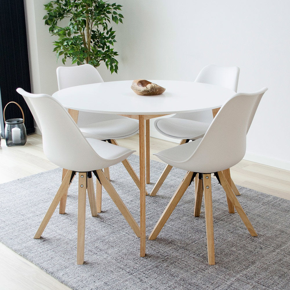 Lot de 2 chaises Bergen blanches autour d'une table ronde blanche – ambiance nordique lumineuse
