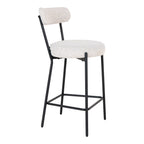 Chaise comptoir Badalona bouclé blanc vue avant gauche repose-pieds métal noir