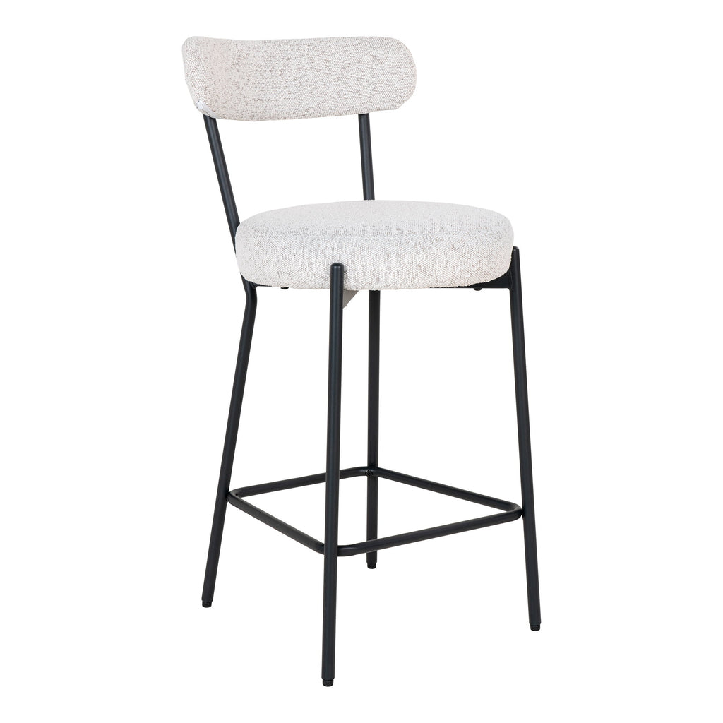 Chaise de comptoir Badalona bouclé blanc assise ronde dossier flottant pieds métal noir vue trois quarts