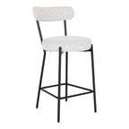 Chaise de comptoir Badalona bouclé blanc assise ronde dossier flottant pieds métal noir vue trois quarts