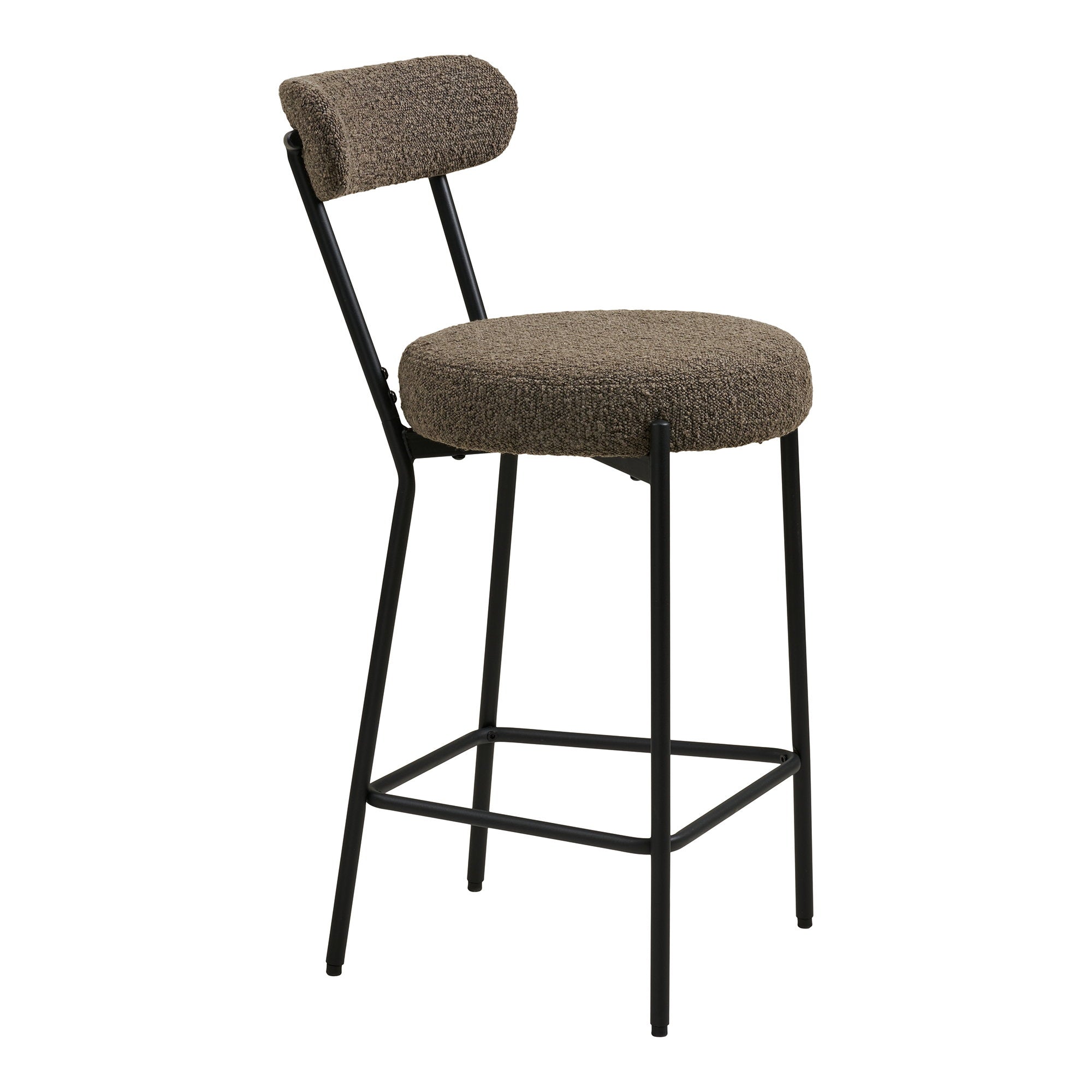 Chaise comptoir Badalona bouclé brun vue avant gauche repose-pieds métal noir