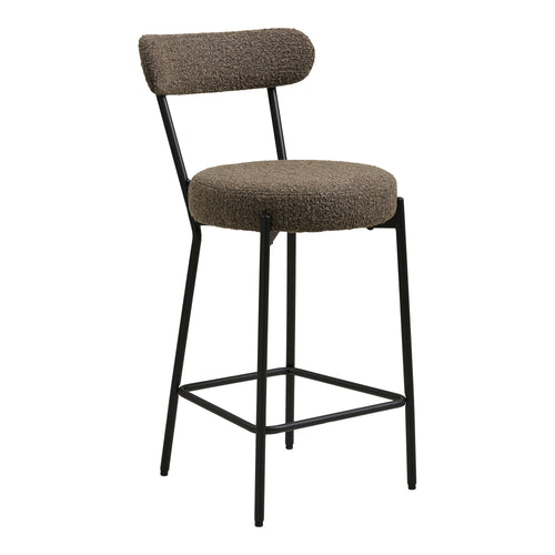 Chaise de comptoir Badalona bouclé brun chiné assise ronde dossier flottant pieds métal noir vue trois quarts