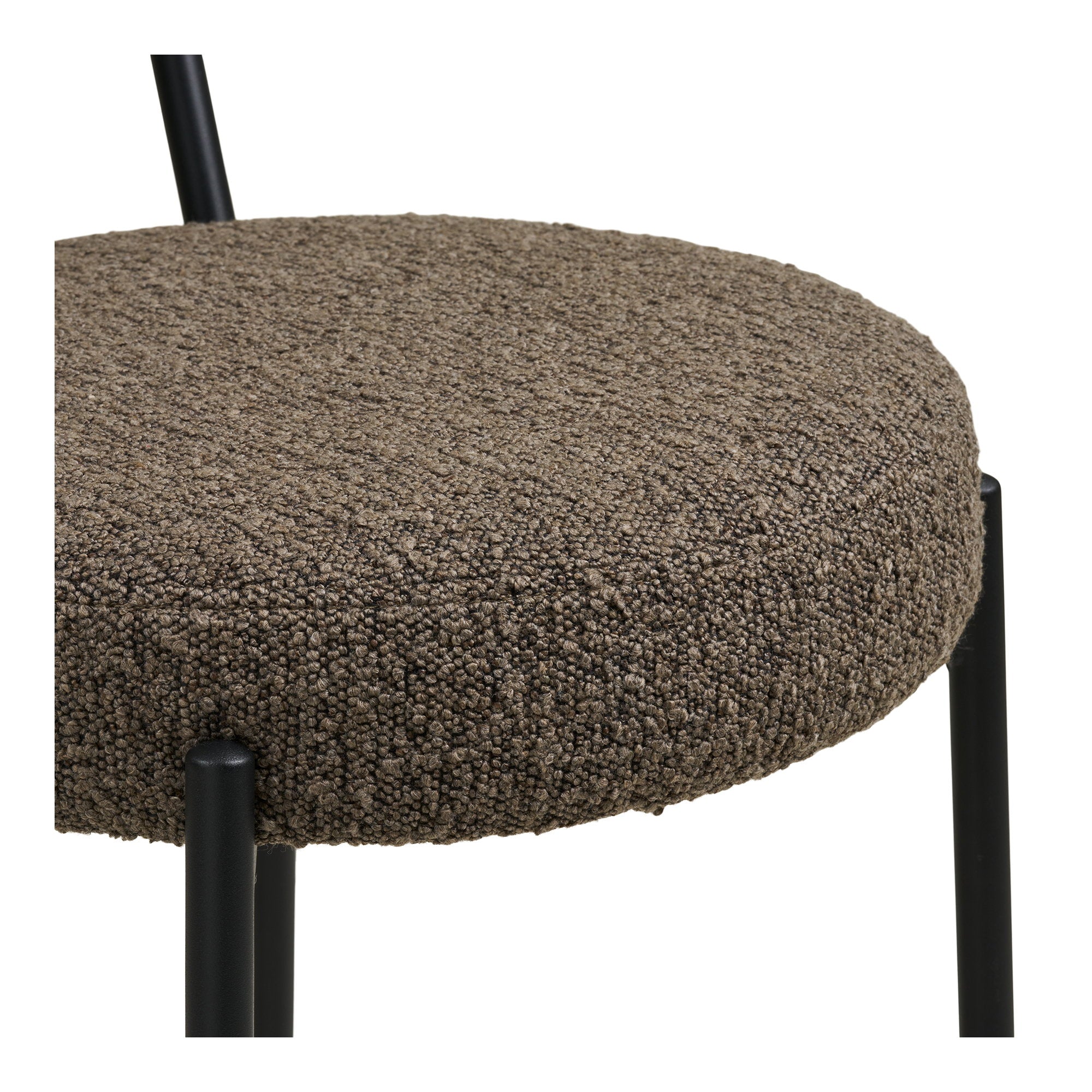 Détail texture tissu bouclé 100% polyester brun chiné boucles denses chaise Badalona