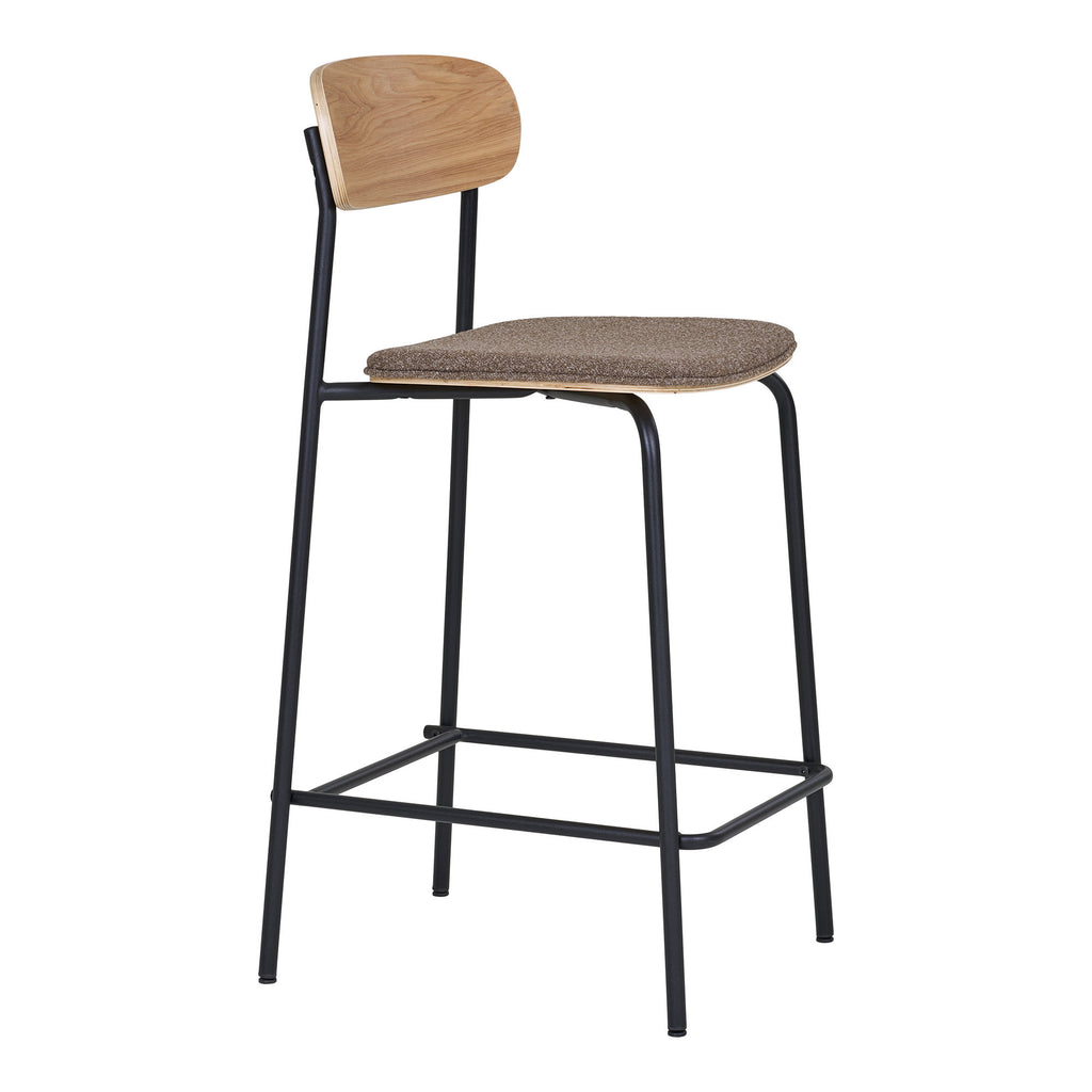 Chaise comptoir Estepona frêne naturel tissu brun chiné vue avant gauche structure métal noir