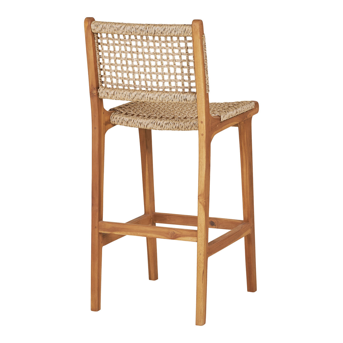 Dos de la chaise de bar Derby en teck avec le tressage ajouré du dossier et l'assise tressée