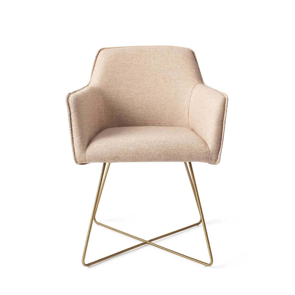 Chaise de salle à manger Hofu beige sur piètement luge croisé doré vue de face accoudoirs dans le prolongement du dossier