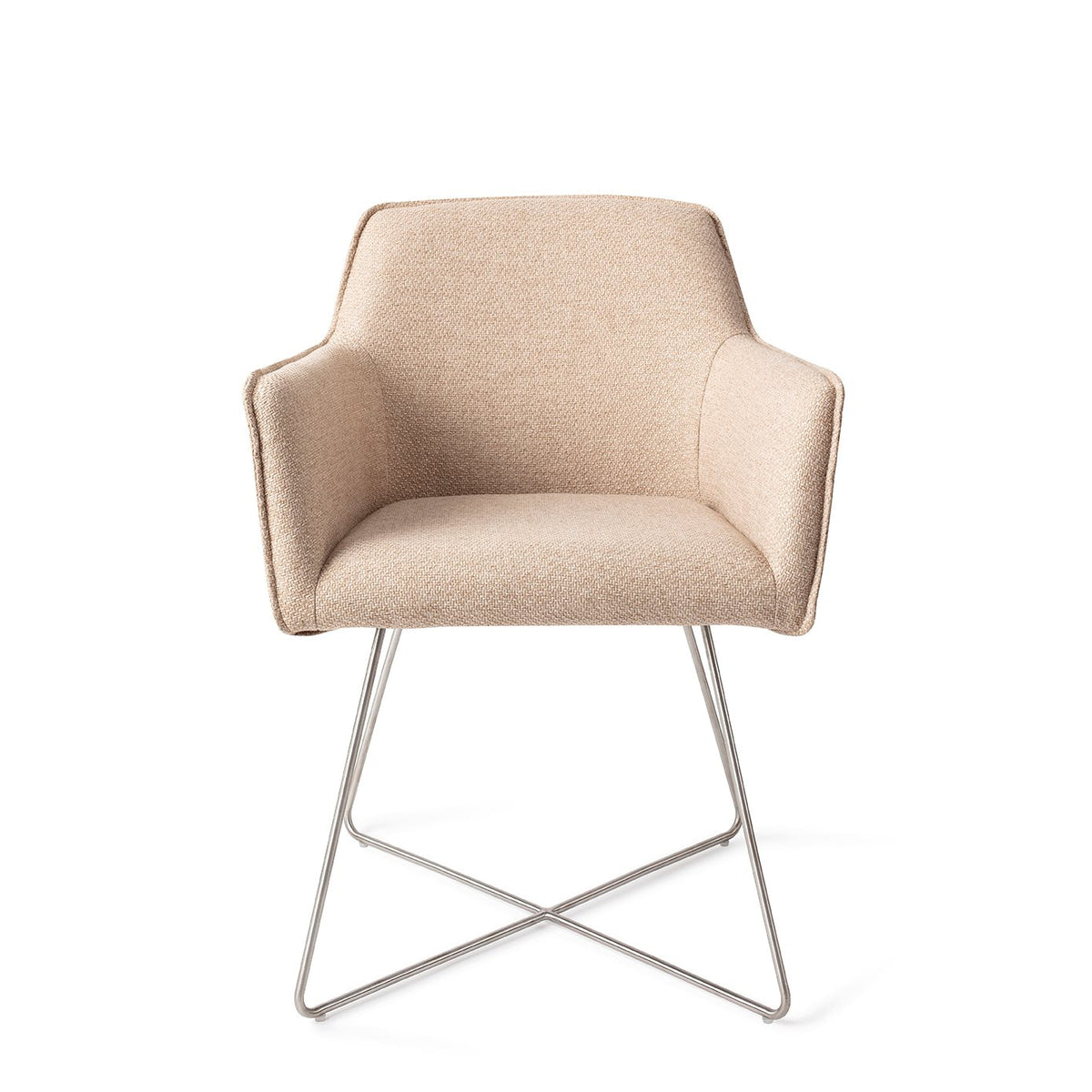 Chaise de salle à manger Hofu beige sur piètement luge croisé gris acier vue de face accoudoirs dans le prolongement du dossier