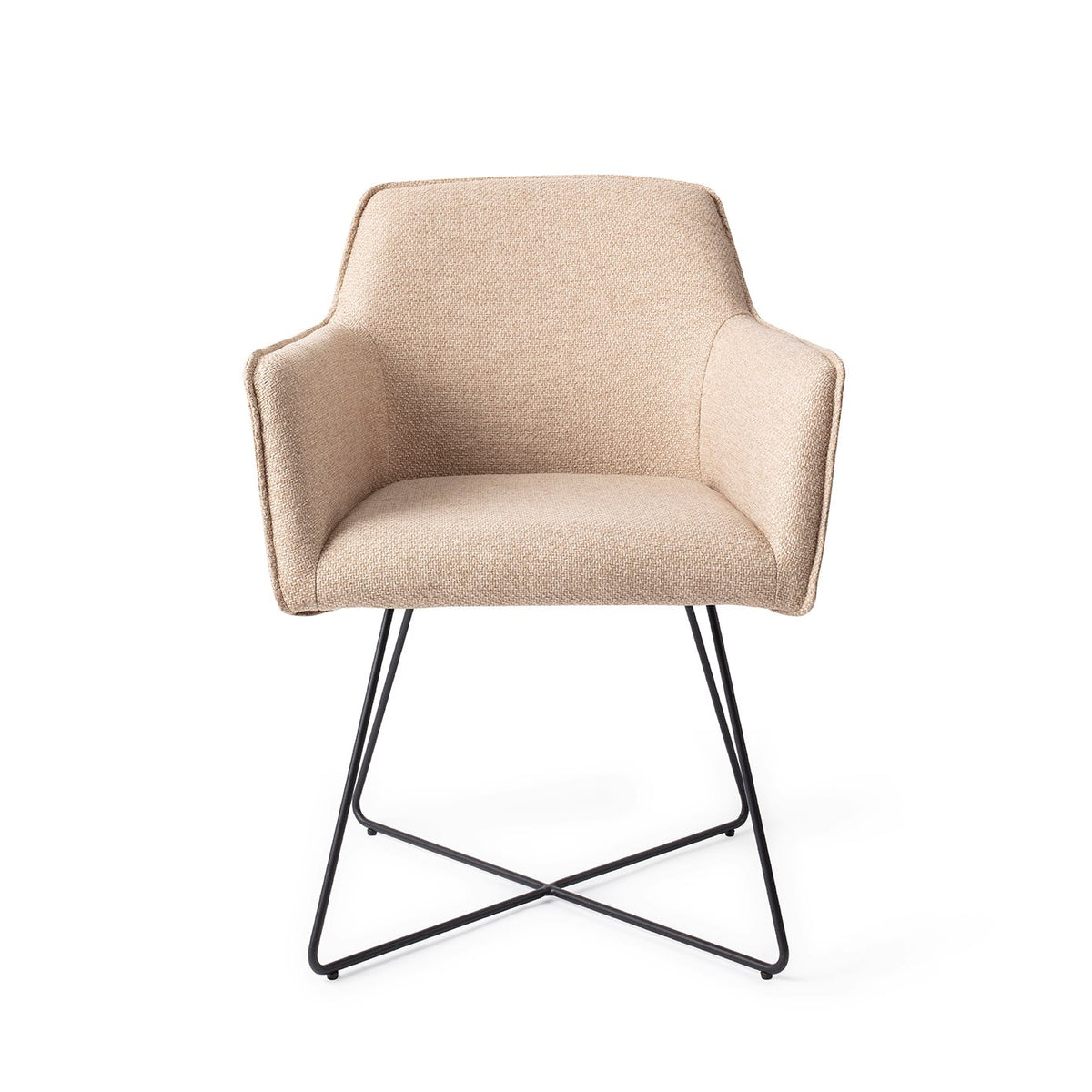 Chaise de salle à manger Hofu beige sur piètement luge croisé noir vue de face accoudoirs dans le prolongement du dossier