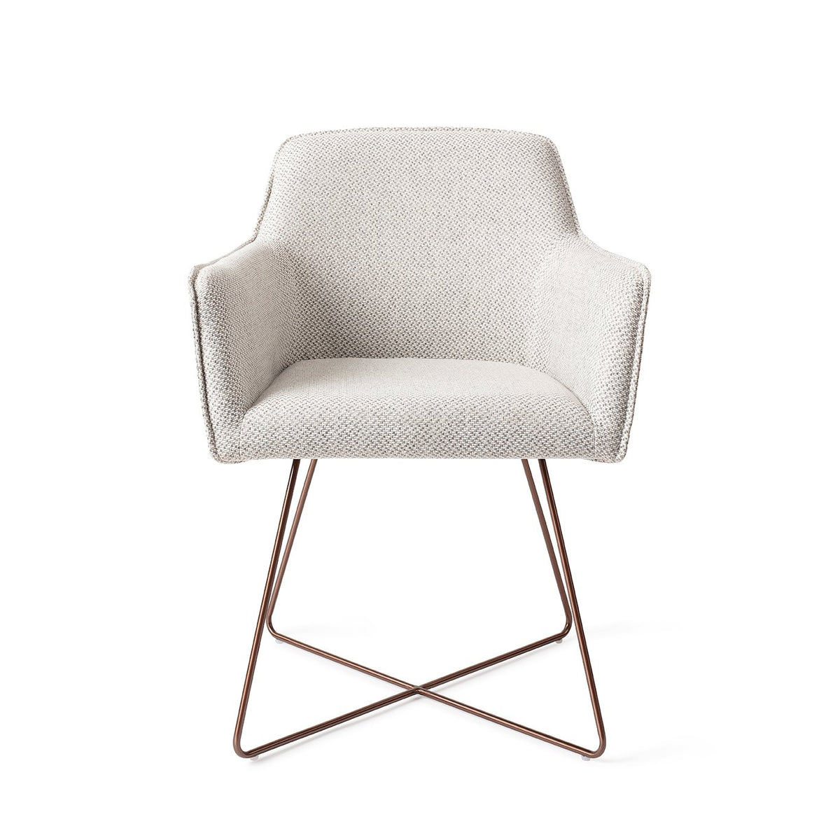 Chaise de salle à manger Hofu blanc cassé à motif sur piètement luge croisé cuivré vue de face accoudoirs dans le prolongement du dossier