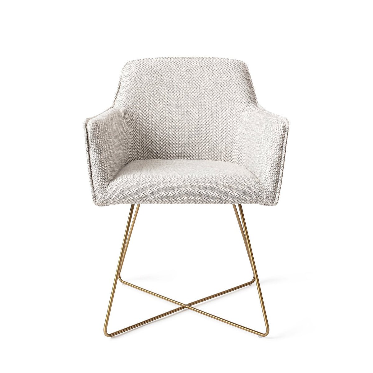 Chaise de salle à manger Hofu blanc cassé à motif sur piètement luge croisé doré vue de face accoudoirs dans le prolongement du dossier