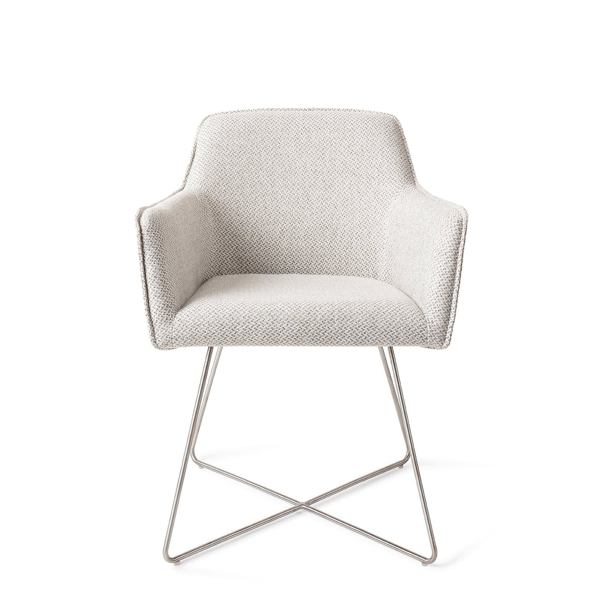 Chaise de salle à manger Hofu blanc cassé à motif sur piètement luge croisé gris acier vue de face accoudoirs dans le prolongement du dossier
