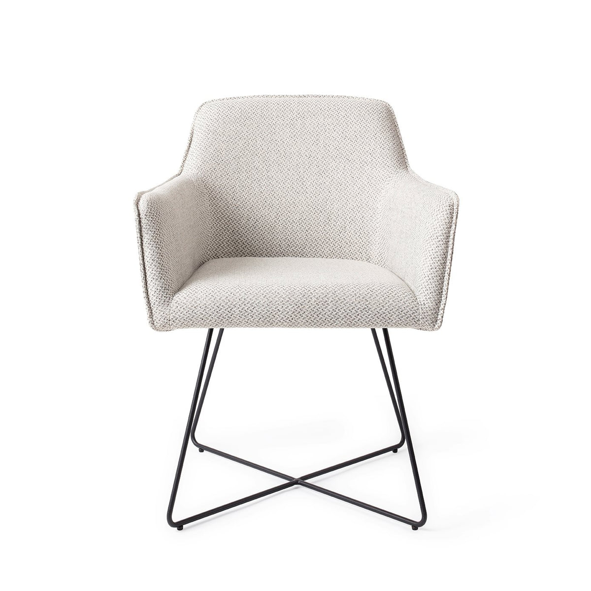 Chaise de salle à manger Hofu blanc cassé à motif sur piètement luge croisé noir vue de face accoudoirs dans le prolongement du dossier
