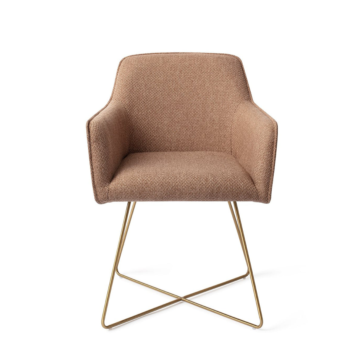 Chaise de salle à manger Hofu caramel sur piètement luge croisé doré vue de face accoudoirs dans le prolongement du dossier