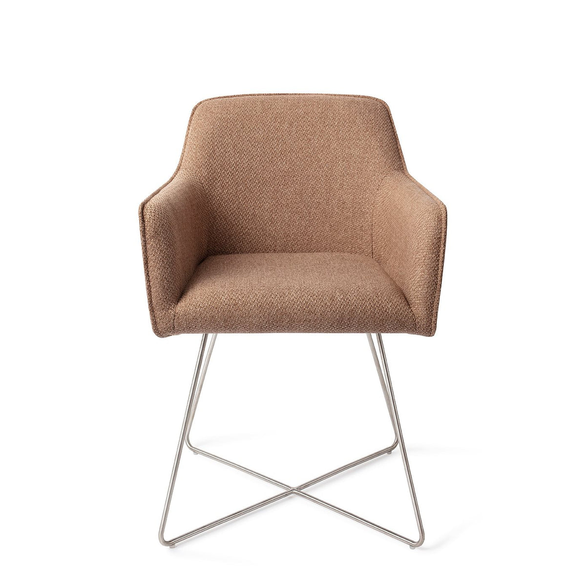 Chaise de salle à manger Hofu caramel sur piètement luge croisé gris acier vue de face accoudoirs dans le prolongement du dossier