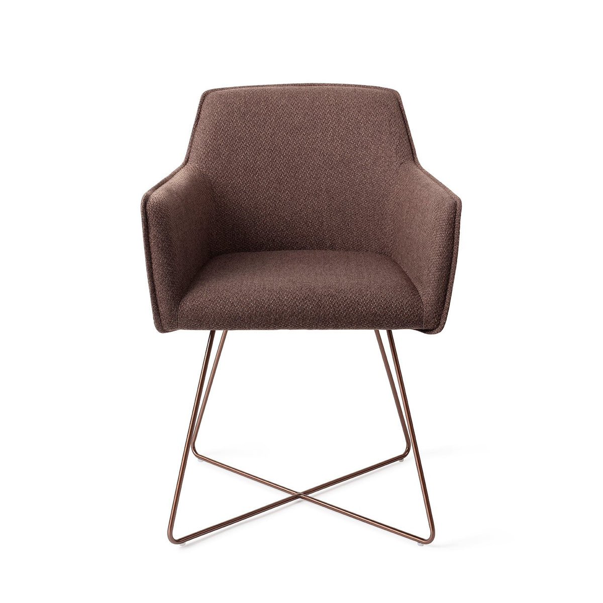 Chaise de salle à manger Hofu chocolat sur piètement luge croisé cuivré vue de face accoudoirs dans le prolongement du dossier