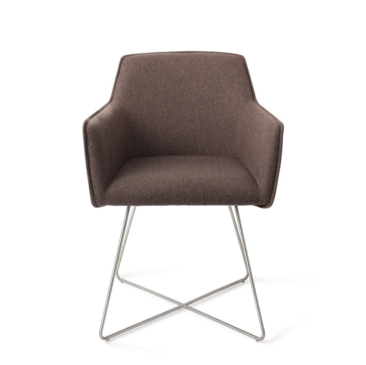 Chaise de salle à manger Hofu chocolat sur piètement luge croisé gris acier vue de face accoudoirs dans le prolongement du dossier