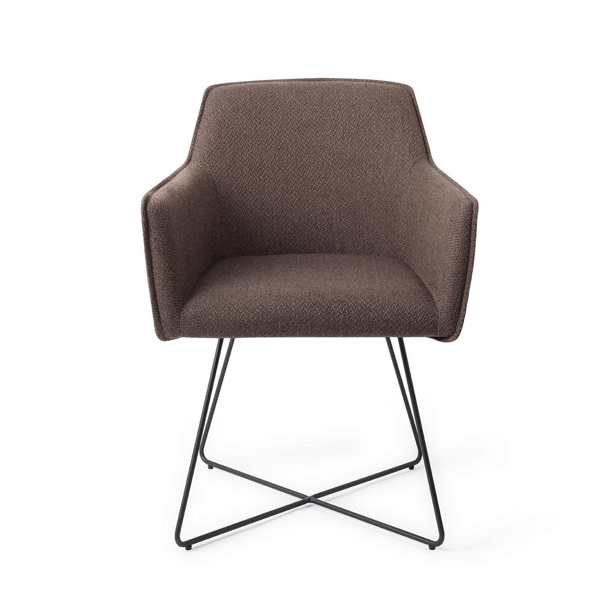 Chaise de salle à manger Hofu chocolat sur piètement luge croisé noir vue de face accoudoirs dans le prolongement du dossier