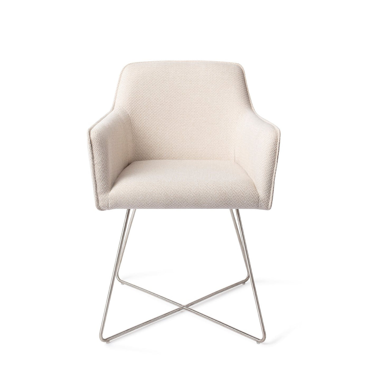 Chaise de salle à manger Hofu écru sur piètement luge croisé gris acier vue de face accoudoirs dans le prolongement du dossier