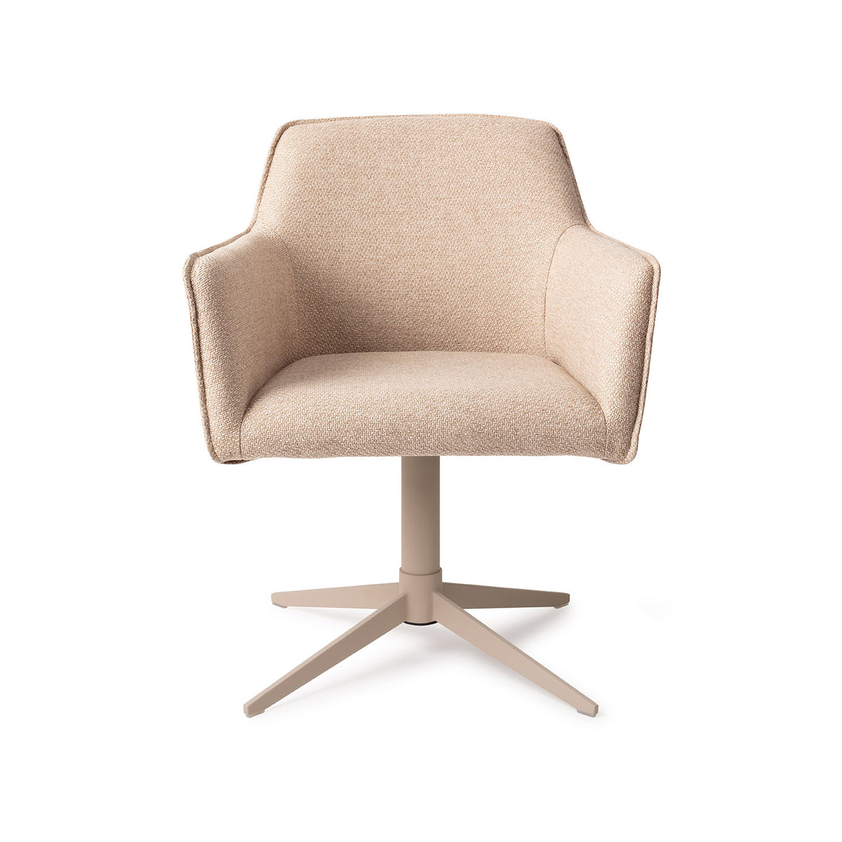 Chaise de salle à manger Hofu beige sur pied central beige vue de face coque à accoudoirs et passepoil