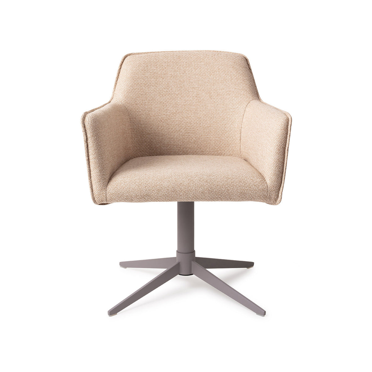 Chaise de salle à manger Hofu beige sur pied central gris vue de face coque à accoudoirs et passepoil