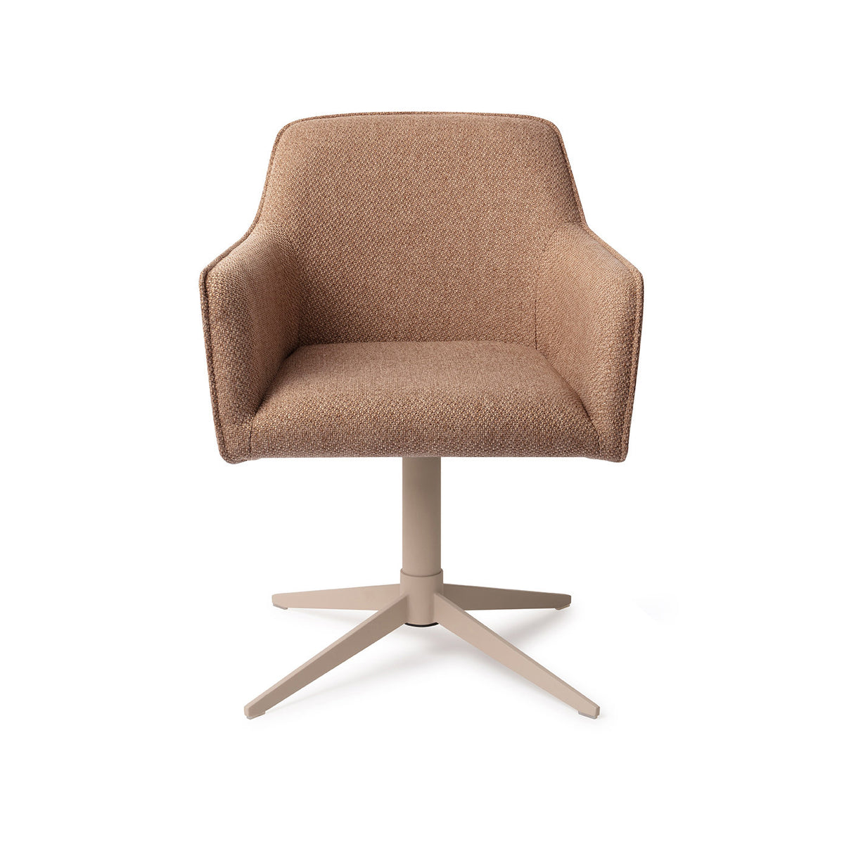 Chaise de salle à manger Hofu caramel sur pied central beige vue de face coque à accoudoirs et passepoil
