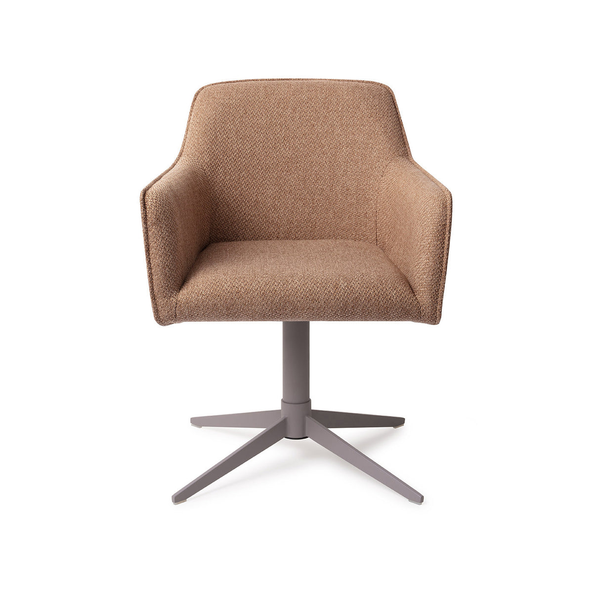 Chaise de salle à manger Hofu caramel sur pied central gris vue de face coque à accoudoirs et passepoil