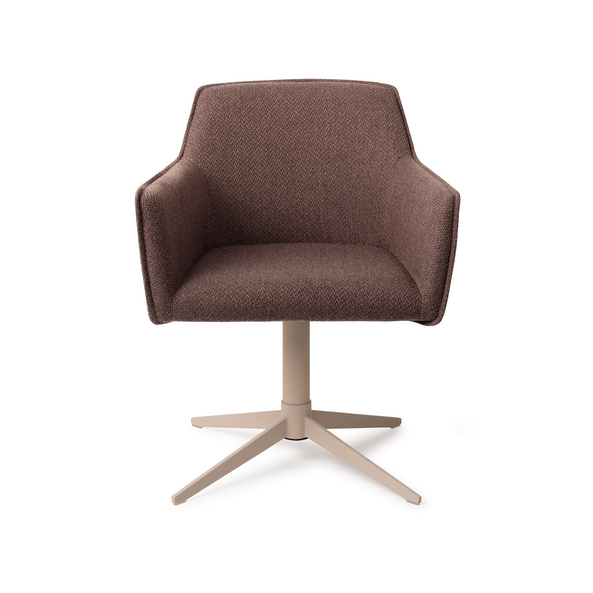 Chaise de salle à manger Hofu chocolat sur pied central beige vue de face coque à accoudoirs et passepoil