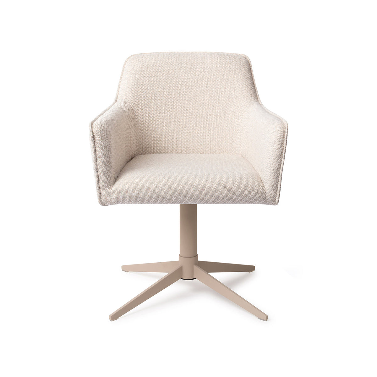 Chaise de salle à manger Hofu écru sur pied central beige vue de face coque à accoudoirs et passepoil