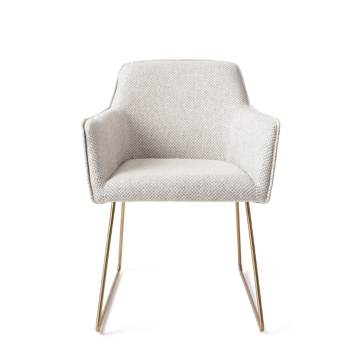 Chaise Hofu blanc cassé à motif sur piètement luge doré vue de face avec sa coque enveloppante et ses accoudoirs