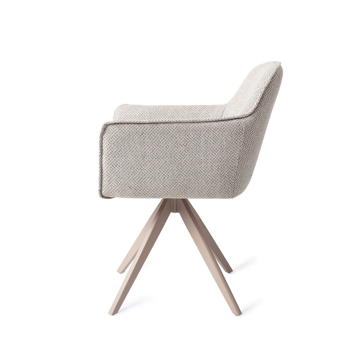 Chaise Hofu blanc cassé à motif vue de profil sur son piètement pivotant beige