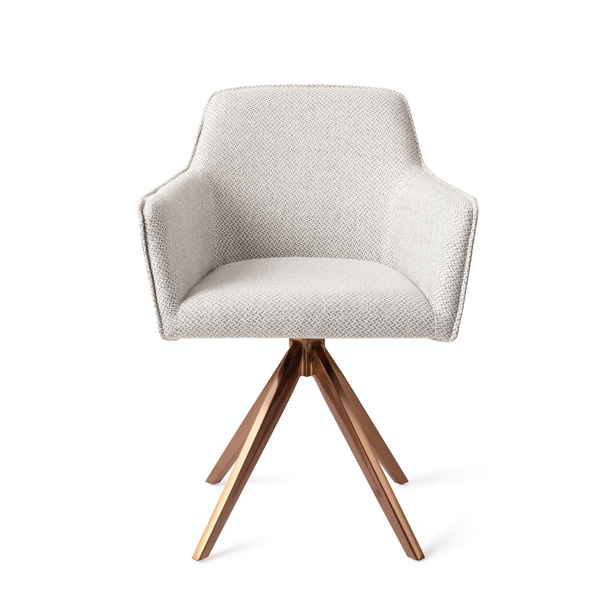 Chaise de salle à manger Hofu blanc cassé à motif sur piètement pivotant cuivré vue de face coque enveloppante et accoudoirs