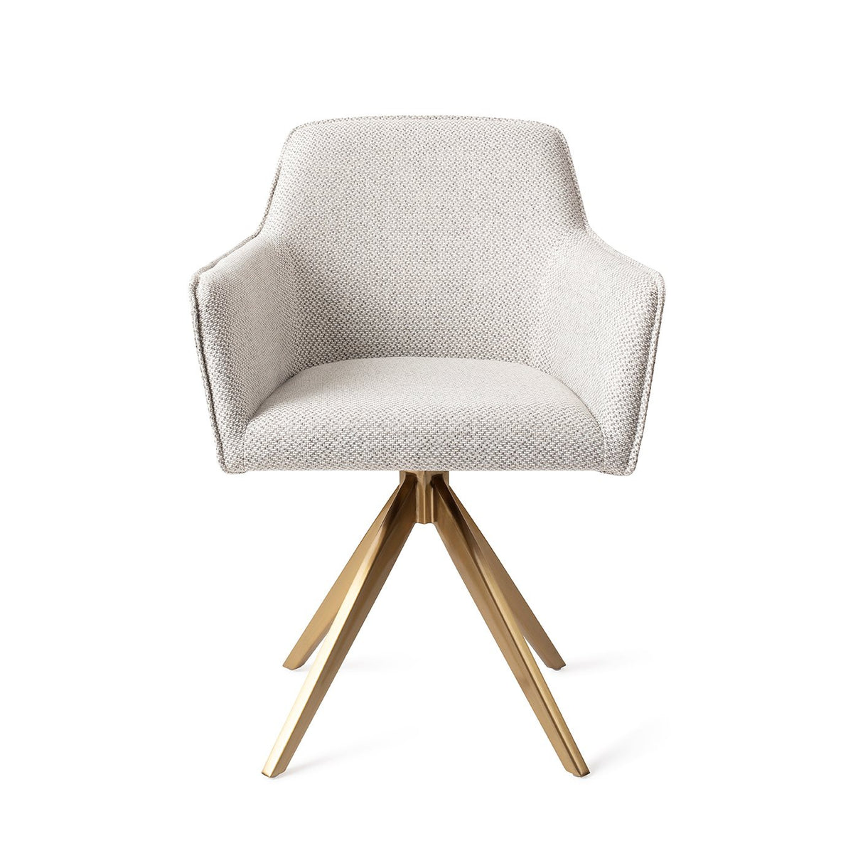 Chaise de salle à manger Hofu blanc cassé à motif sur piètement pivotant doré vue de face coque enveloppante et accoudoirs