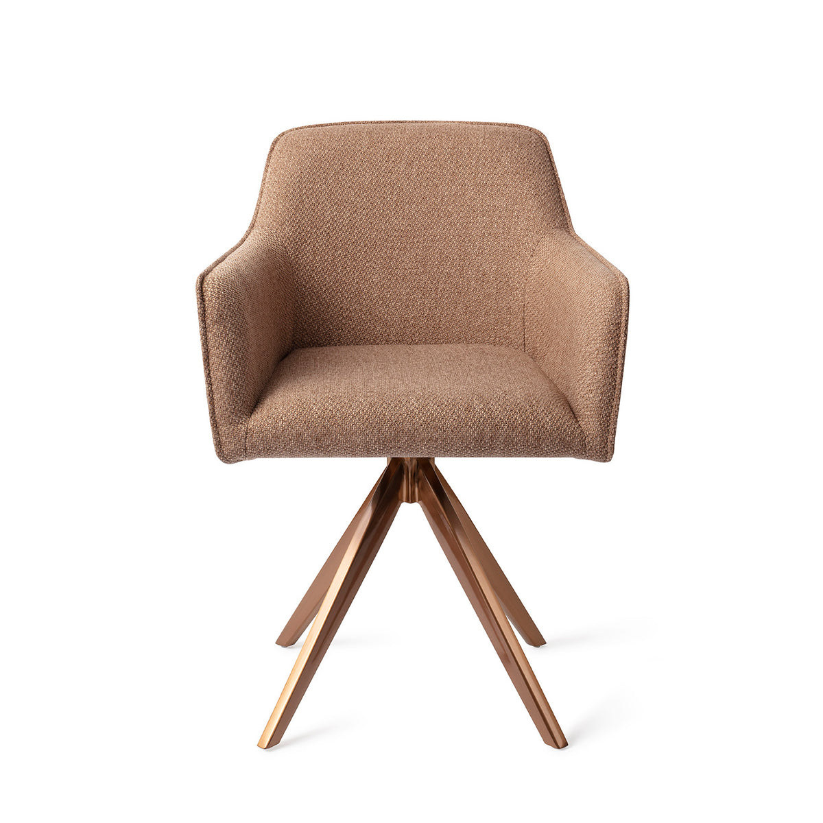 Chaise de salle à manger Hofu caramel sur piètement pivotant cuivré vue de face coque enveloppante et accoudoirs