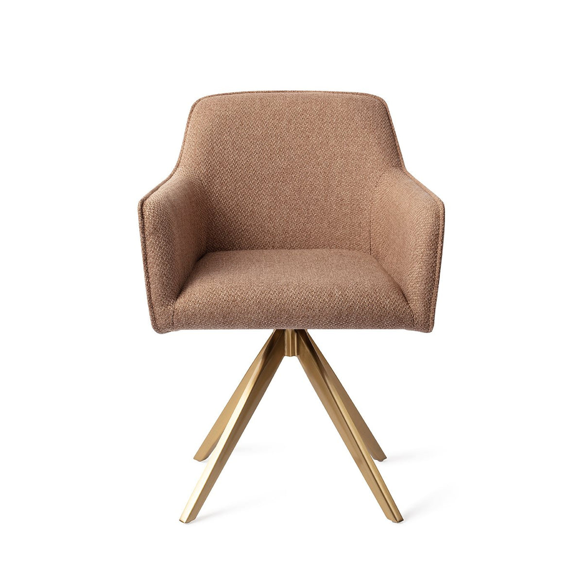 Chaise de salle à manger Hofu caramel sur piètement pivotant doré vue de face coque enveloppante et accoudoirs