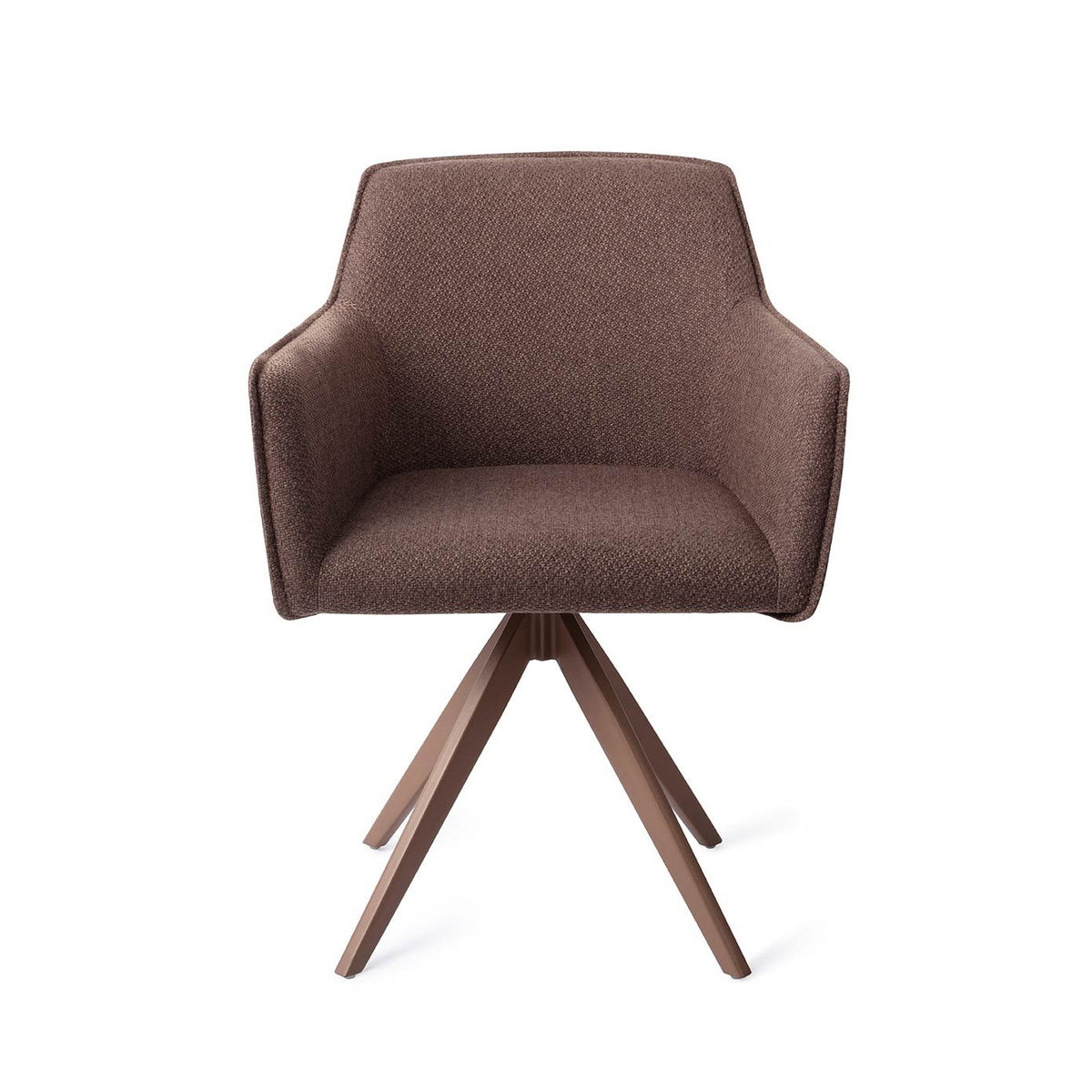 Chaise de salle à manger Hofu chocolat sur piètement pivotant brun vue de face coque enveloppante et accoudoirs