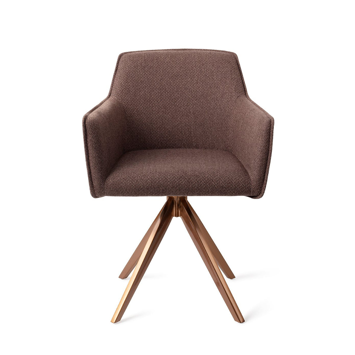 Chaise de salle à manger Hofu chocolat sur piètement pivotant cuivré vue de face coque enveloppante et accoudoirs