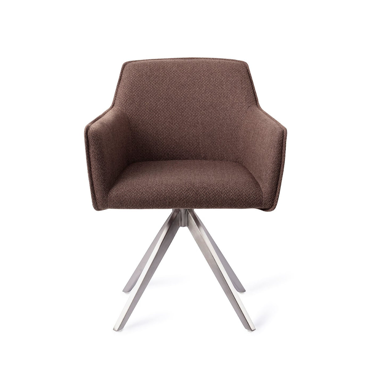 Chaise de salle à manger Hofu chocolat sur piètement pivotant gris acier vue de face coque enveloppante et accoudoirs