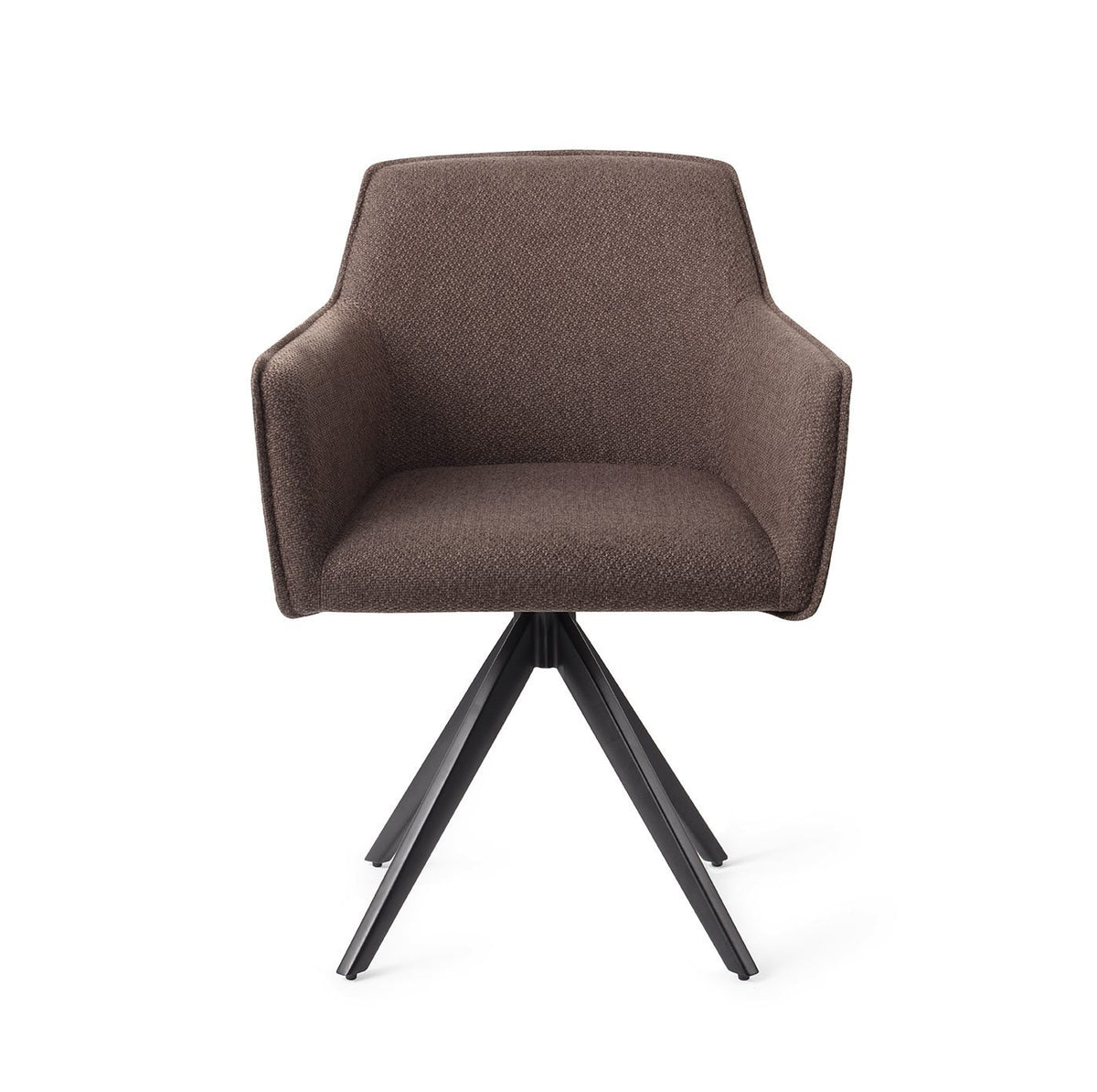 Chaise de salle à manger Hofu chocolat sur piètement pivotant noir vue de face coque enveloppante et accoudoirs