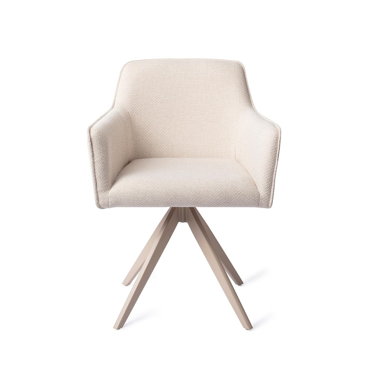 Chaise de salle à manger Hofu écru sur piètement pivotant beige vue de face coque enveloppante et accoudoirs
