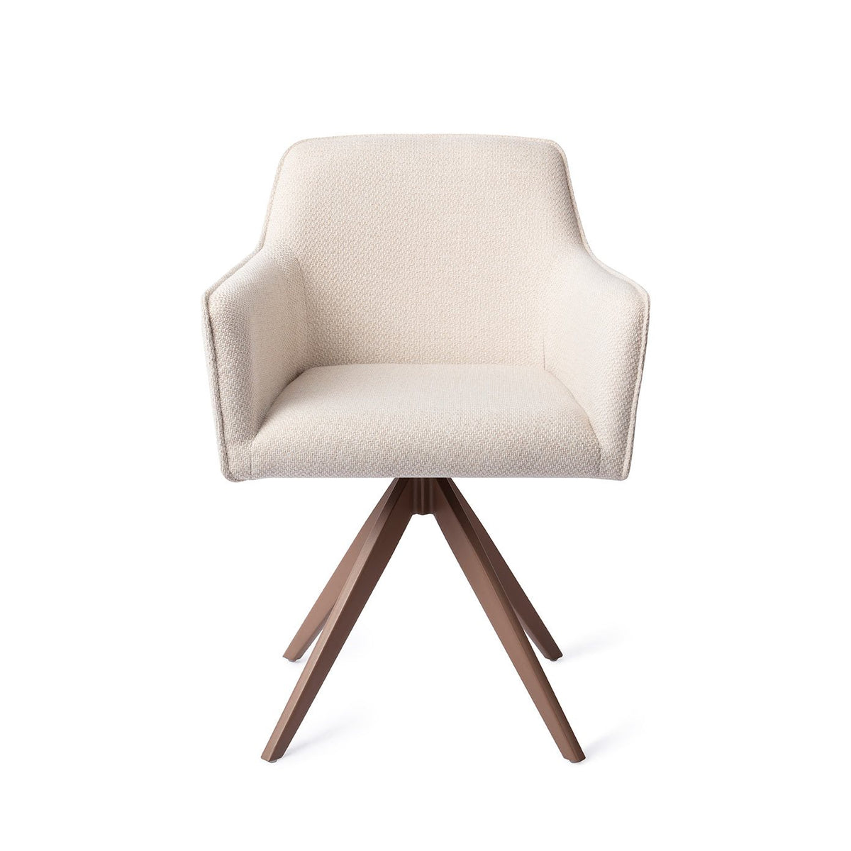 Chaise de salle à manger Hofu écru sur piètement pivotant brun vue de face coque enveloppante et accoudoirs